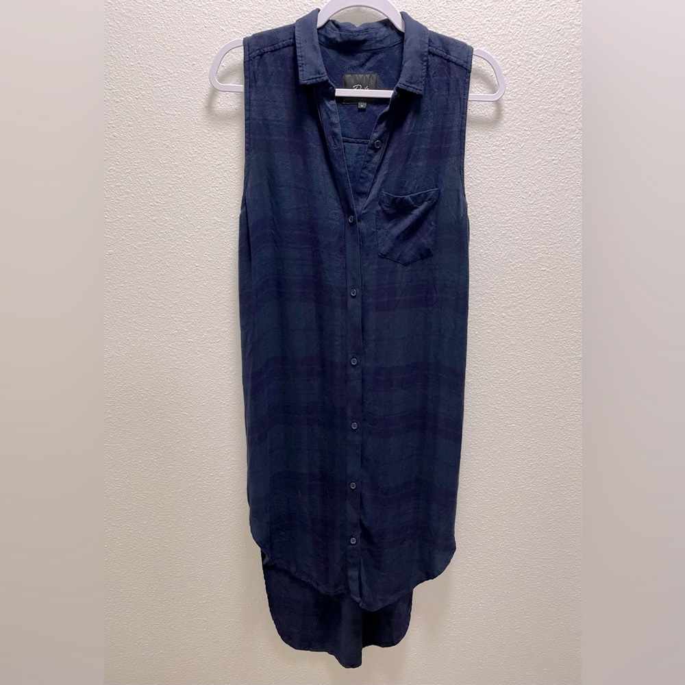 Rails Flannel Sleeves Tunic Button Dress Hi Low Pocket Collared Navy Blue Small